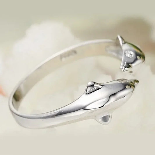925 Sterling Silver Jewelry Open Happy Double Dolphin Love Rings For Women Party Gift Adjustable Ring