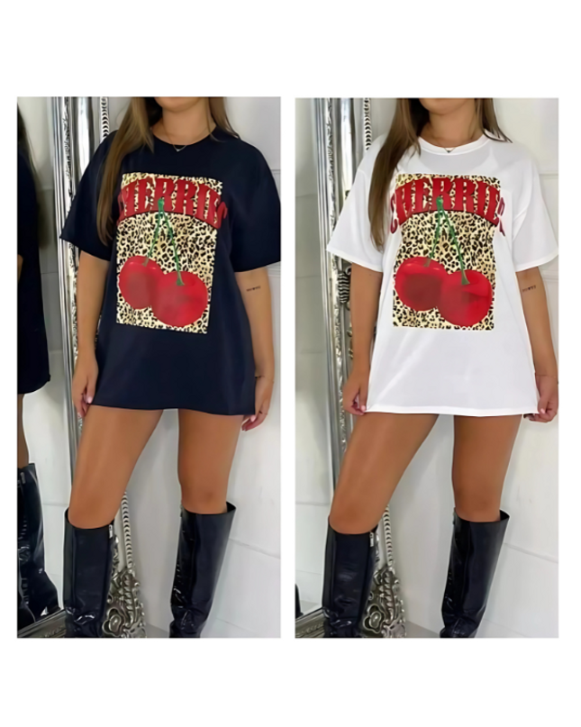 Cherries & Leopard Print Oversized T-Shirt – Cotton, Black/White