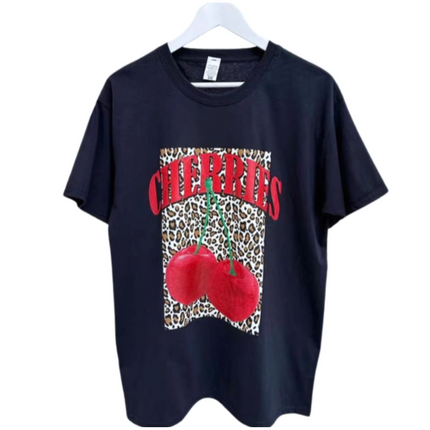 Cherries & Leopard Print Oversized T-Shirt – Cotton, Black/White