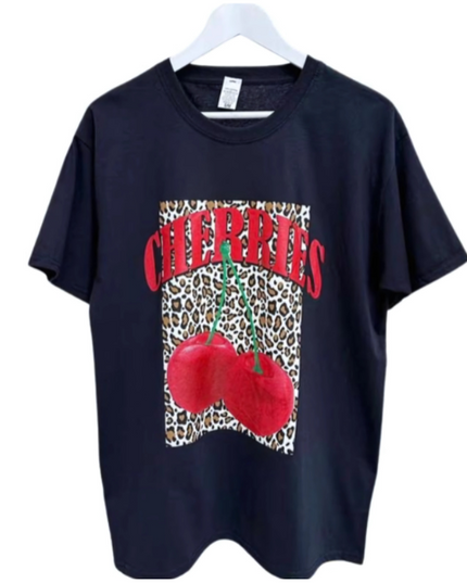 Cherries & Leopard Print Oversized T-Shirt – Cotton, Black/White