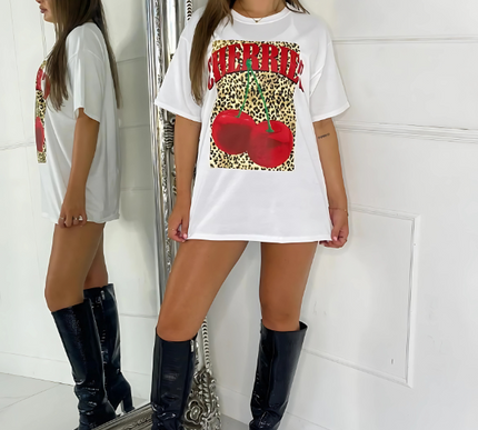 Cherries & Leopard Print Oversized T-Shirt – Cotton, Black/White