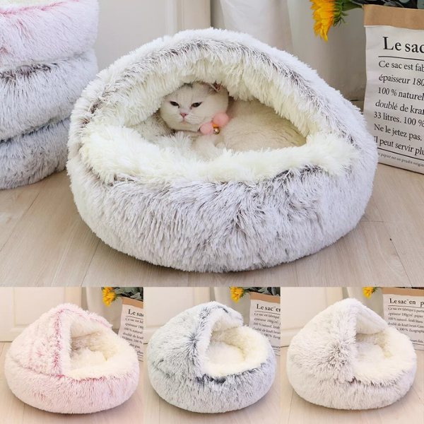 Warm Hooded Nest Bed for Cats & Dogs – Plush Fleece Comfort for Small Pets