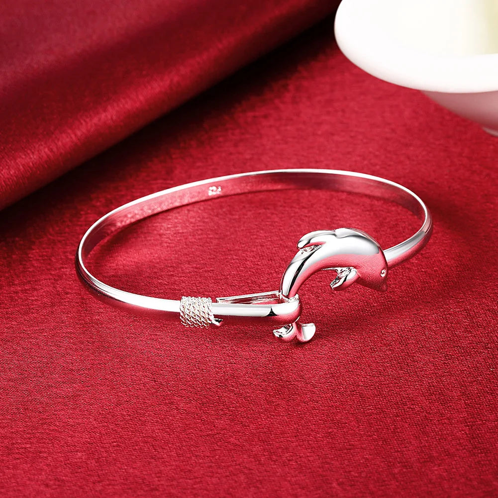 925 Sterling Silver Bracelets for Women fine cute dolphin bangle adjustable Jewelry Fashion Party Gifts Girl student