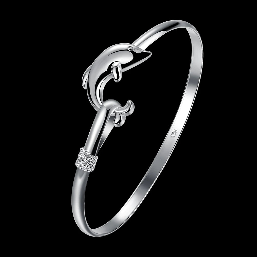 925 Sterling Silver Bracelets for Women fine cute dolphin bangle adjustable Jewelry Fashion Party Gifts Girl student