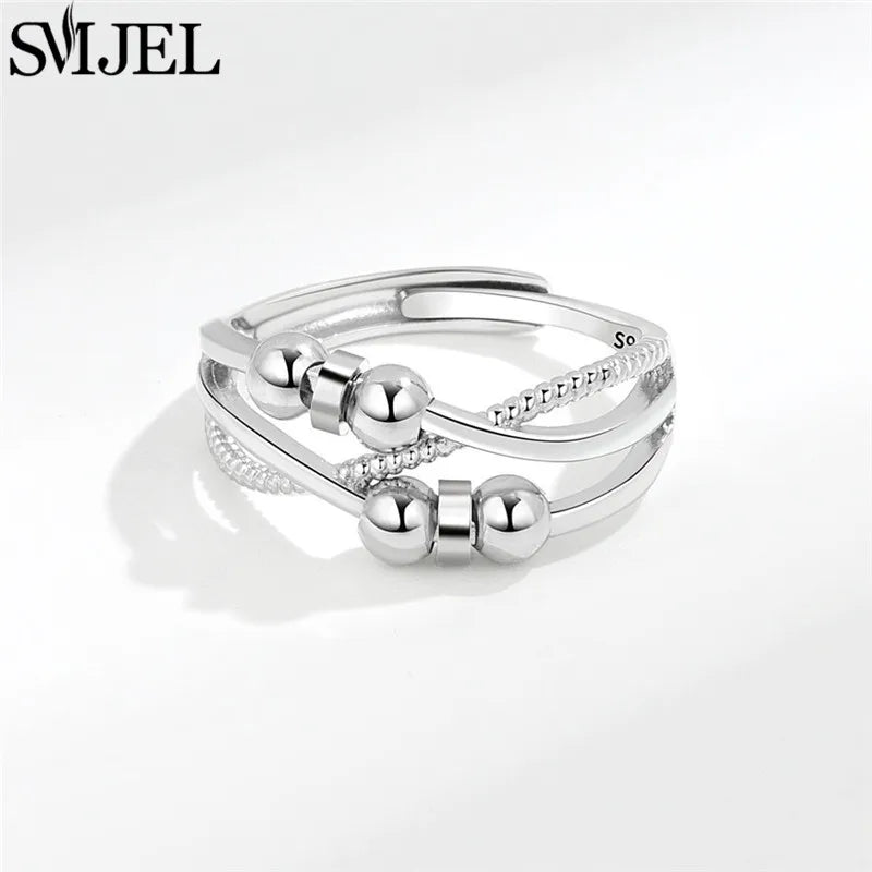 Metal Balls Anxiety Fidget Rings Adjustable for Women Stress Relieve Finger Jewelry Rotatable Beads Ring Accessories Bague Homme