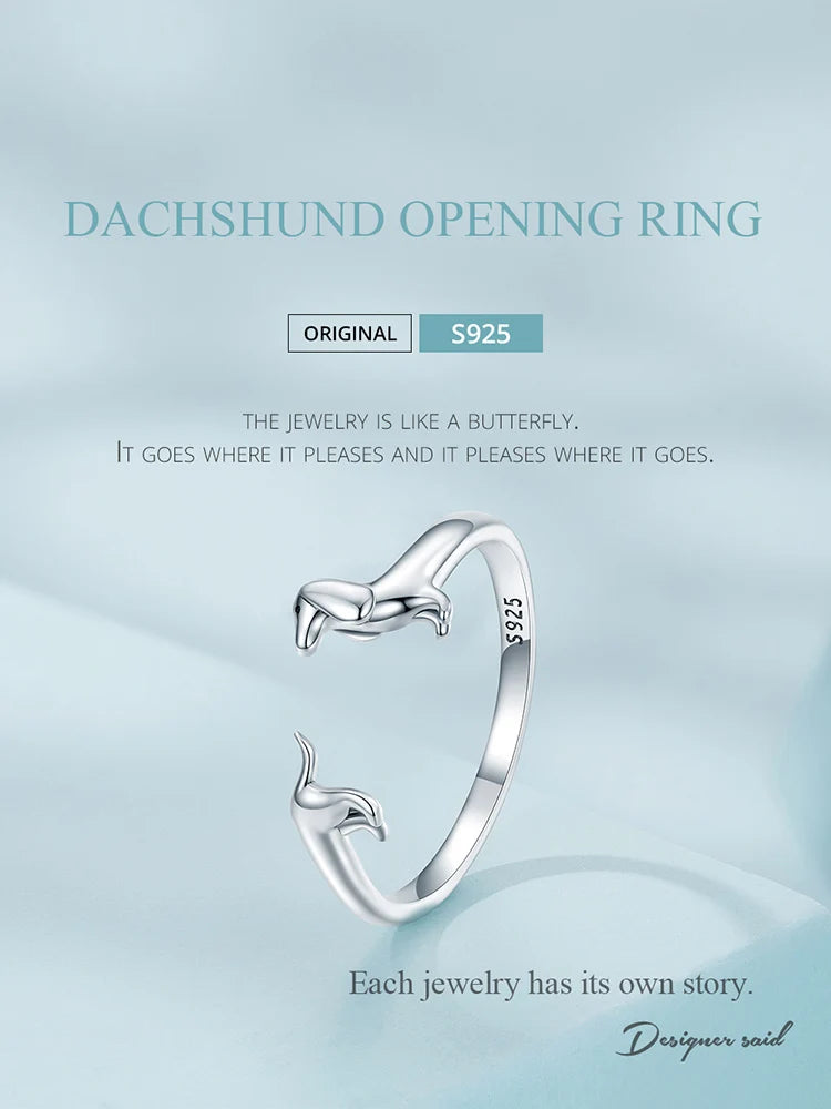 925 Sterling Silver Cute Dachshund Dog Adjustable Rings for Women Original Open Animal Ring Fine Family Jewelry Gift