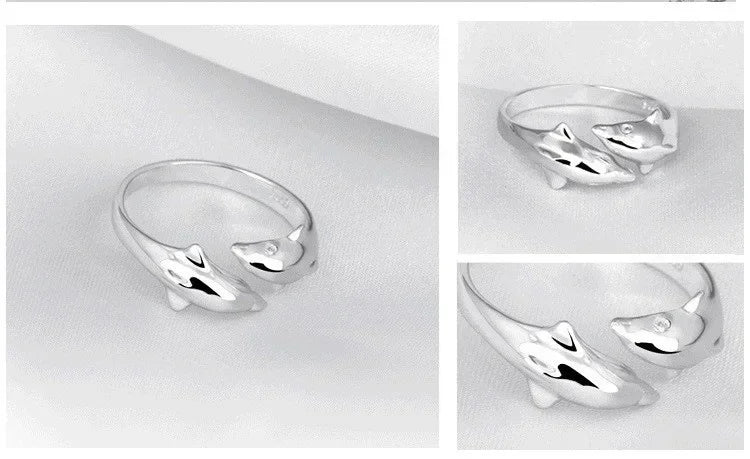 925 Sterling Silver Jewelry Open Happy Double Dolphin Love Rings For Women Party Gift Adjustable Ring