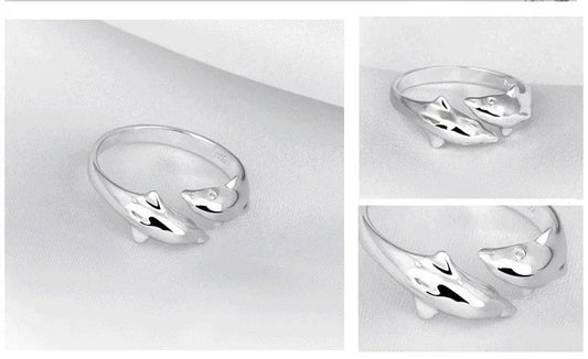 925 Sterling Silver Jewelry Open Happy Double Dolphin Love Rings For Women Party Gift Adjustable Ring