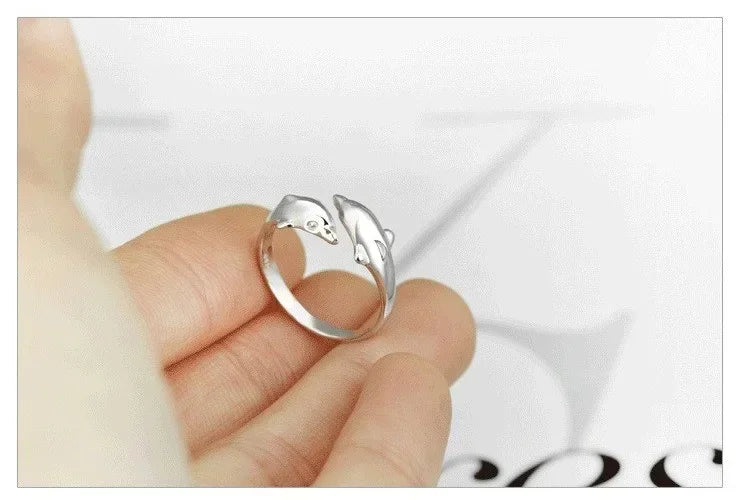 925 Sterling Silver Jewelry Open Happy Double Dolphin Love Rings For Women Party Gift Adjustable Ring