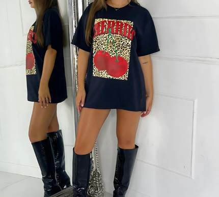 Cherries & Leopard Print Oversized T-Shirt – Cotton, Black/White