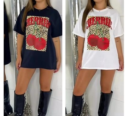 Cherries & Leopard Print Oversized T-Shirt – Cotton, Black/White