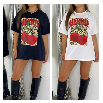 Cherries & Leopard Print Oversized T-Shirt – Cotton, Black/White