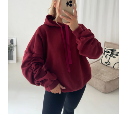 Women’s Ruched Sleeve Silk Ribbon Hoodie Fashion | Oversized Fleece Sweatshirt | Stretchy All-Season Fit