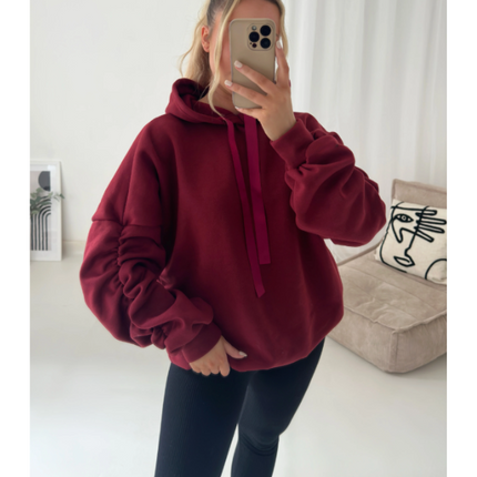 Women’s Ruched Sleeve Silk Ribbon Hoodie Fashion | Oversized Fleece Sweatshirt | Stretchy All-Season Fit