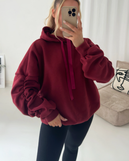 Women’s Ruched Sleeve Silk Ribbon Hoodie Fashion | Oversized Fleece Sweatshirt | Stretchy All-Season Fit