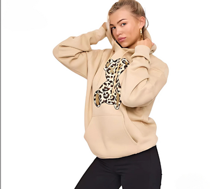 Women's Oversized Leopard Print Hoodie Dress with Teddy Graphic | Long Sleeve Baggy Sweatshirt Jumper for Streetwear & Loungewear |