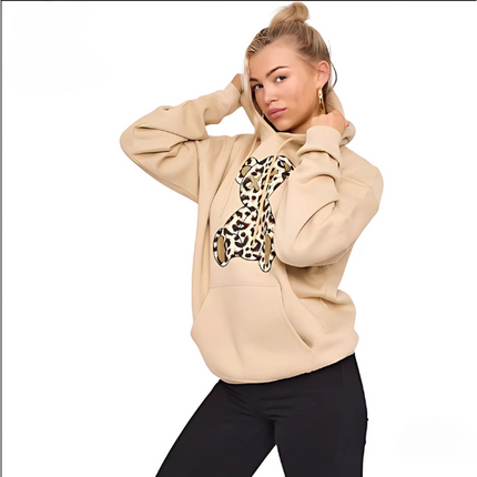 Women's Oversized Leopard Print Hoodie Dress with Teddy Graphic | Long Sleeve Baggy Sweatshirt Jumper for Streetwear & Loungewear |
