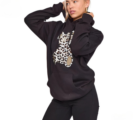 Women's Oversized Leopard Print Hoodie Dress with Teddy Graphic | Long Sleeve Baggy Sweatshirt Jumper for Streetwear & Loungewear |