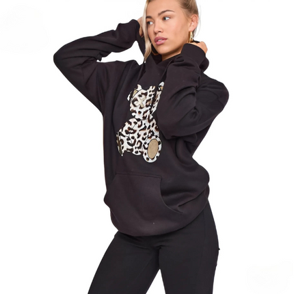 Women's Oversized Leopard Print Hoodie Dress with Teddy Graphic | Long Sleeve Baggy Sweatshirt Jumper for Streetwear & Loungewear |