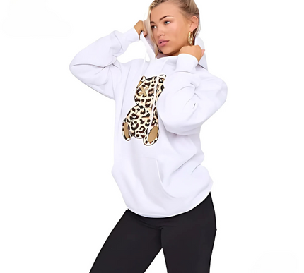 Women's Oversized Leopard Print Hoodie Dress with Teddy Graphic | Long Sleeve Baggy Sweatshirt Jumper for Streetwear & Loungewear |