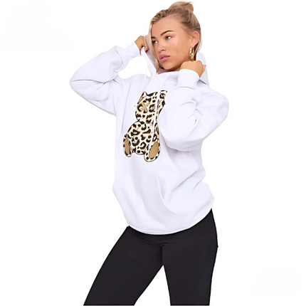 Women's Oversized Leopard Print Hoodie Dress with Teddy Graphic | Long Sleeve Baggy Sweatshirt Jumper for Streetwear & Loungewear |