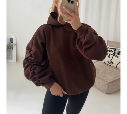 Women’s Ruched Sleeve Silk Ribbon Hoodie Fashion | Oversized Fleece Sweatshirt | Stretchy All-Season Fit