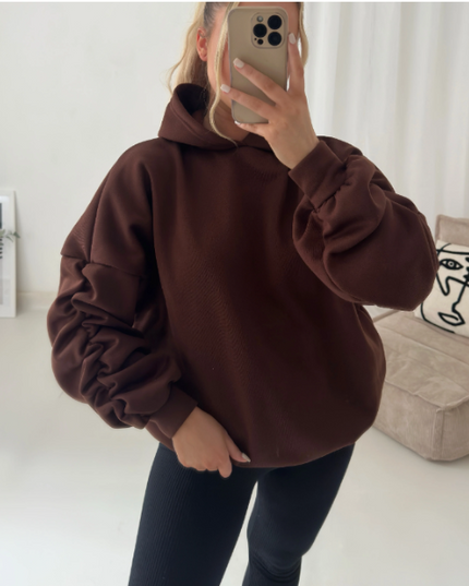Women’s Ruched Sleeve Silk Ribbon Hoodie Fashion | Oversized Fleece Sweatshirt | Stretchy All-Season Fit