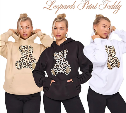 Women's Oversized Leopard Print Hoodie Dress with Teddy Graphic | Long Sleeve Baggy Sweatshirt Jumper for Streetwear & Loungewear |