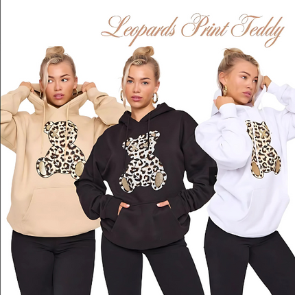Women's Oversized Leopard Print Hoodie Dress with Teddy Graphic | Long Sleeve Baggy Sweatshirt Jumper for Streetwear & Loungewear |