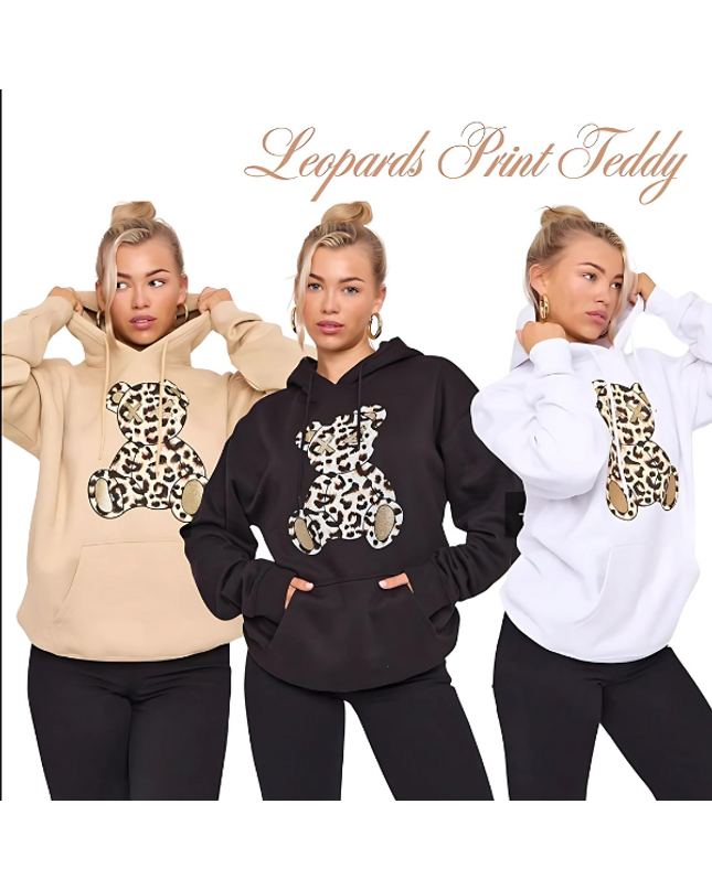 Women's Oversized Leopard Print Hoodie Dress with Teddy Graphic | Long Sleeve Baggy Sweatshirt Jumper for Streetwear & Loungewear |
