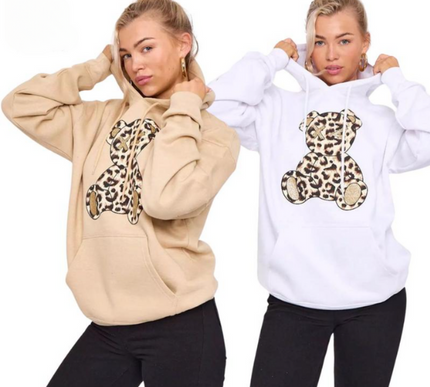 Women's Oversized Leopard Print Hoodie Dress with Teddy Graphic | Long Sleeve Baggy Sweatshirt Jumper for Streetwear & Loungewear |