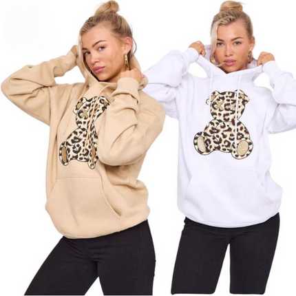 Women's Oversized Leopard Print Hoodie Dress with Teddy Graphic | Long Sleeve Baggy Sweatshirt Jumper for Streetwear & Loungewear |