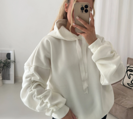Women’s Ruched Sleeve Silk Ribbon Hoodie Fashion | Oversized Fleece Sweatshirt | Stretchy All-Season Fit