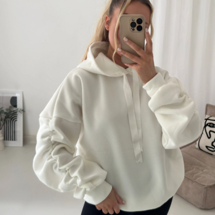Women’s Ruched Sleeve Silk Ribbon Hoodie Fashion | Oversized Fleece Sweatshirt | Stretchy All-Season Fit