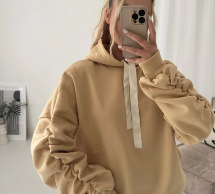 Women’s Ruched Sleeve Silk Ribbon Hoodie Fashion | Oversized Fleece Sweatshirt | Stretchy All-Season Fit