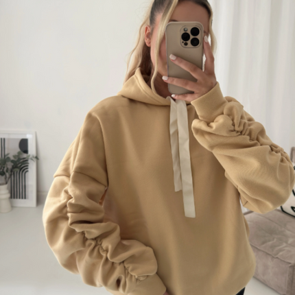 Women’s Ruched Sleeve Silk Ribbon Hoodie Fashion | Oversized Fleece Sweatshirt | Stretchy All-Season Fit