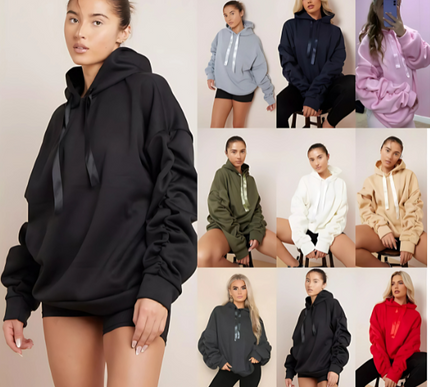 Women’s Ruched Sleeve Silk Ribbon Hoodie Fashion | Oversized Fleece Sweatshirt | Stretchy All-Season Fit