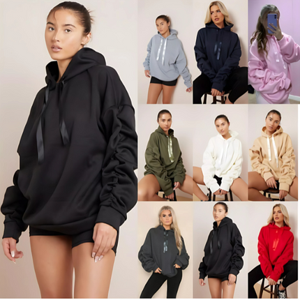 Women’s Ruched Sleeve Silk Ribbon Hoodie Fashion | Oversized Fleece Sweatshirt | Stretchy All-Season Fit
