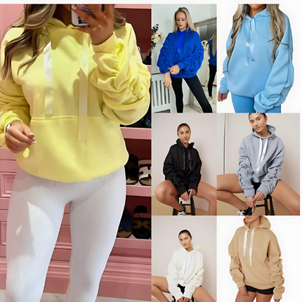 Women’s Ruched Sleeve Silk Ribbon Hoodie Fashion | Oversized Fleece Sweatshirt | Stretchy All-Season Fit
