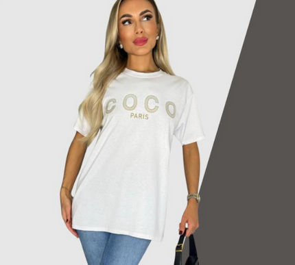 Ladies short sleeve COCO print Oversized Tee shirt top