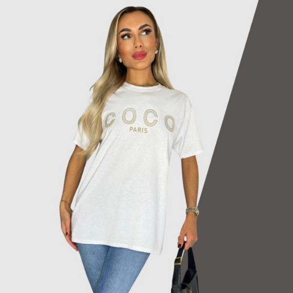 Ladies short sleeve COCO print Oversized Tee shirt top