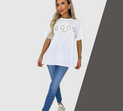 Ladies short sleeve COCO print Oversized Tee shirt top