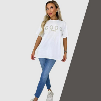 Ladies short sleeve COCO print Oversized Tee shirt top