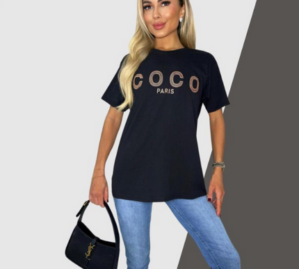 Ladies short sleeve COCO print Oversized Tee shirt top