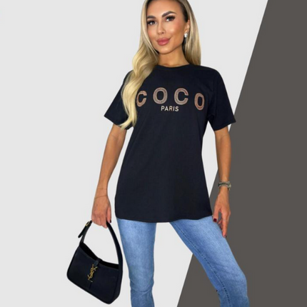 Ladies short sleeve COCO print Oversized Tee shirt top