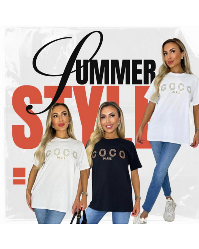 Ladies short sleeve COCO print Oversized Tee shirt top