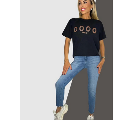 Ladies short sleeve COCO print Oversized Tee shirt top