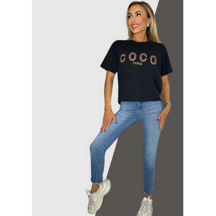 Ladies short sleeve COCO print Oversized Tee shirt top