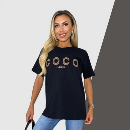 Ladies short sleeve COCO print Oversized Tee shirt top
