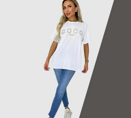 Ladies short sleeve COCO print Oversized Tee shirt top
